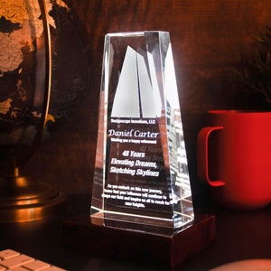 Premi aziendali personalizzati, trofei aziendali, riconoscimento dei dipendenti, regalo personalizzato per il pensionamento, decorazioni per ufficio uniche / Torre di cristallo con foto 3D