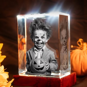 Personalized Halloween Portrait, Picture in Glass, Day of the Dead, Spooky Gift for Dad, Laser Etched Glass | 3D Photo Crystal Rectangle