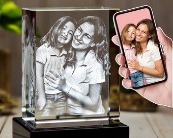 3DLaserGifts® DIY Mothers Day Gift for Her, Personalized Custom Glass Laser Etched w/Light Base, Gift for Mom | 3D Crystal Photo Classic