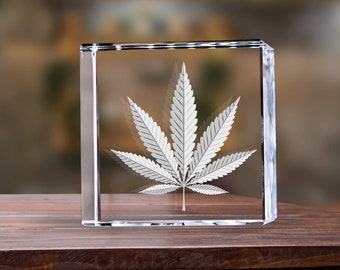 Cristal de hoja de cáñamo 3D, arte vegetal, regalos para él, decoración de sala de estar, amante de los deportes, arte grabado, impresión grabada con láser / decoración de cristal fotográfico 3D