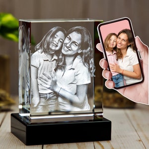 3D Laser Gifts® DIY Mothers Day Gift for Her, Personalized Custom Glass Laser Etched w/Light Base, Gift for Mom | 3D Crystal Photo Classic