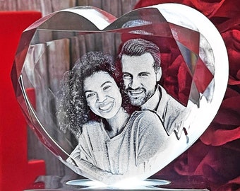 3D Laser Gifts® Premium Personalized Portrait, Laser Engraving Art, Tabletop Decor, Lovers Memorial Gift | 3D Photo Multifacet Crystal Heart