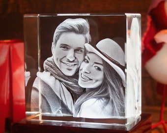 3D Laser Gifts® Personalized Valentine's Day Decor, Gift for Him, Custom Couple Portrait, Laser Etched Glass | 3D Photo Crystal Decor