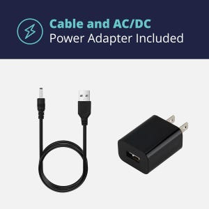 以下が含まれることがあります： USB-Aポート付きの黒い電源アダプターと、一端にUSB-Aコネクター、もう一端にバレルコネクターが付いた黒いケーブル。ケーブルとAC/DC電源アダプター付属