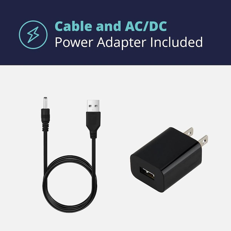 以下が含まれることがあります： USB-Aポート付きの黒い電源アダプターと、一端にUSB-Aコネクター、もう一端にバレルコネクターが付いた黒いケーブル。ケーブルとAC/DC電源アダプター付属