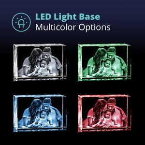 以下が含まれることがあります： LEDライトベース付きのクリスタルフォトキューブ。キューブには、カップルとその子供の写真が飾られています。ライトベースには、青、緑、赤など、マルチカラーオプションがあります。