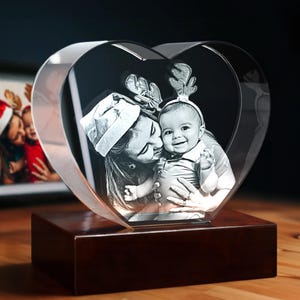 Personalized Mothers Day Gift, Custom Photo Gift, First Baby Portrait, Laser Etched Glass, Unique Gift for Wife | 3D Photo Crystal Heart