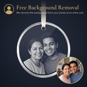 Circle photo crystal ornament with the background removed from the engraved photo at no extra cost.