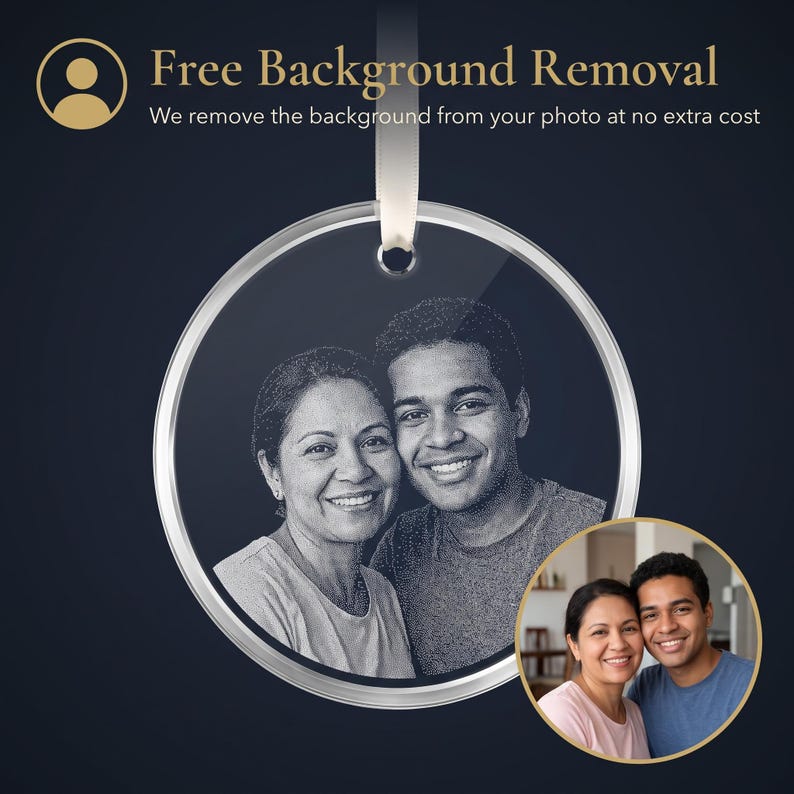 Circle photo crystal ornament with the background removed from the engraved photo at no extra cost.