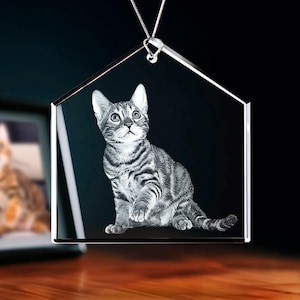 Custom Pet Photo Ornament, Cat Portrait Gift, Christmas Gift for Pet Lovers, Cat & Dog Memorial, Laser Etched Glass | Photo Crystal Ornament