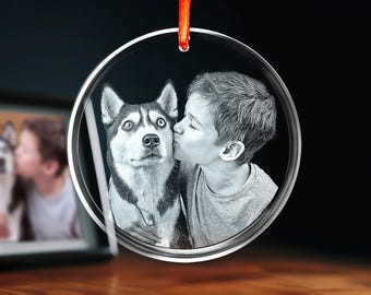 Personalized Photo Crystal Ornament, Christmas Family Keepsake, Laser Engraved Gift, Tree Decoration - Circle