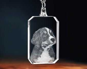 Custom Laser Etched Pet Photo Crystal Necklace, Memorial Jewelry - Rectangle