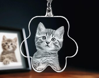 Personalized Crystal Cat Portrait Necklace, Laser Engraved Pet Memorial Jewelry