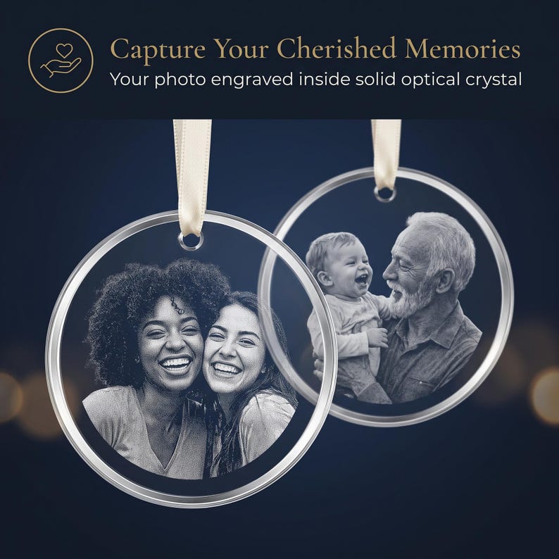 Two circle photo crystal ornaments hanging side by side, each laser engraved with a different family photo.