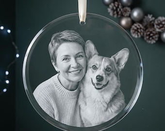 Dog Mom Christmas Ornament, Personalized Photo Crystal Keepsake, Pet Owner Portrait Gift - Circle