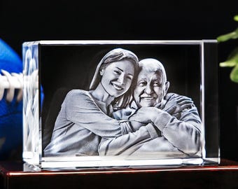 Decorazione fotografica da tavolo unica, regalo di compleanno personalizzato, vetro inciso al laser, regalo per il nonno, regalo per la festa del papà / cristallo fotografico 3D rettangolare