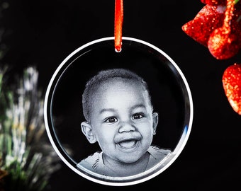 3D Laser Gifts® Custom Glass Ornament, Personalized Laser Engraved Gift, Handmade Family Portrait, Holiday Decor | Photo Crystal Ornament
