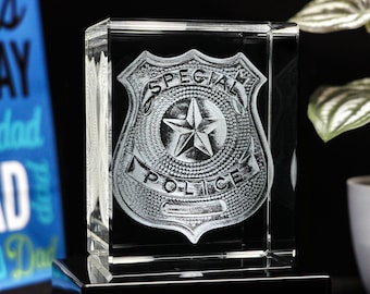 Custom Police Officer Gift, Laser Etched Badge, Father's Day Gift From Daughter, Personalized Retirement Gift | 3D Photo Crystal Classic