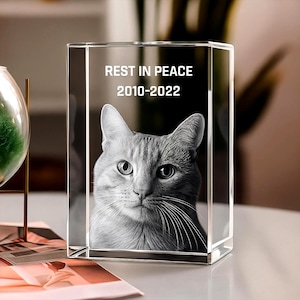 Personalized Pet Memorial Gift, Pet Lovers Handmade Gift, Cat Memorial Stone, Laser Etched Glass, Cat Portrait | 3D Photo Crystal Rectangle
