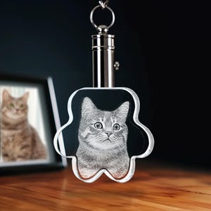 May include: A silver keychain with a clear paw-shaped crystal charm. The crystal charm has a black and white engraved image of a cat's face.
