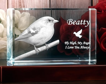 Custom Bird Portrait Crystal, Laser Etched Photo Keepsake, Memorial Display Art