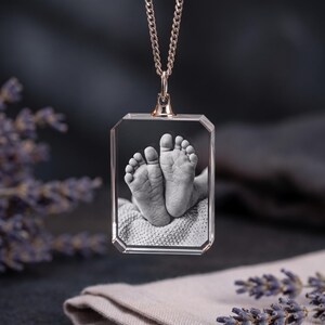 Push Present for New Mom, Personalized Photo Crystal Necklace, Baby Feet Pendant - Rectangle