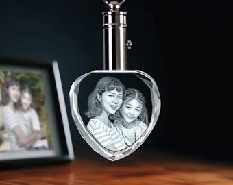 May include: A heart-shaped crystal keychain with a silver metal top. The crystal contains a black and white image of two people. The background is dark, and the keychain is on a wooden surface.