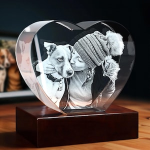 Personalized Pet Photo Crystal Heart Keepsake, 3D Laser Etched Memorial Gift