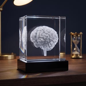 May include: A clear rectangular glass block containing a detailed 3D laser-etched white human brain model. The glass block is mounted on a solid black rectangular base that provides a stable foundation for the transparent display piece.