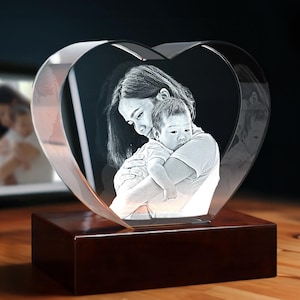 Personalized 3D Crystal Photo, First Mothers Day, Photo Gift for Grandma, Tabletop Home Decor, Custom Gifts for Her | 3D Photo Crystal Heart