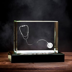 3D Stethoscope Art, Doctor Gift, New Office Decor, Medic Tools, Graduation Gift, Laser Etched Print, Retirement Gift | 3D Crystal Rectangle