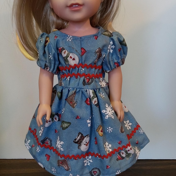 Country blue dress with snowmen design fits Wellie Wisher doll