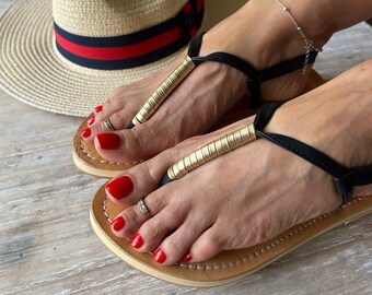 Strap sandal gold details with sling elastic back  goddess boho summer flats