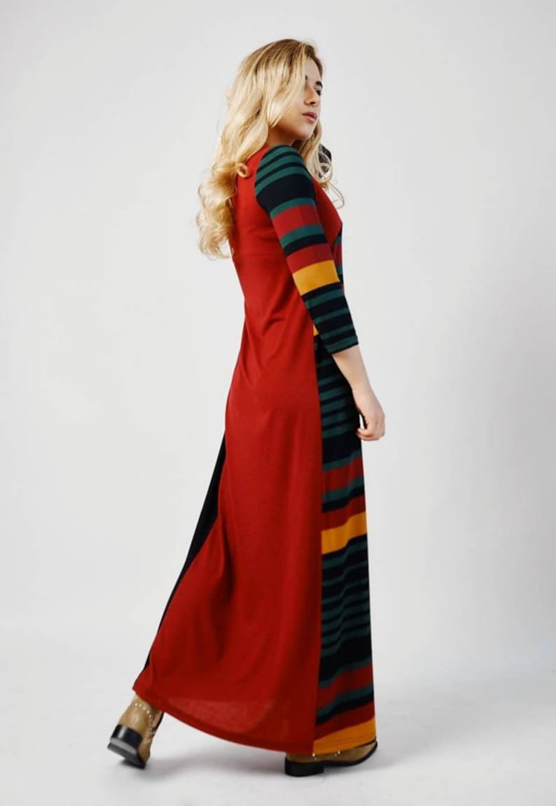 ready to ship Combi Color Block Asymmetric Red Stripe Black Long Full length Jersey Viscose Designer Dress Boho Holiday