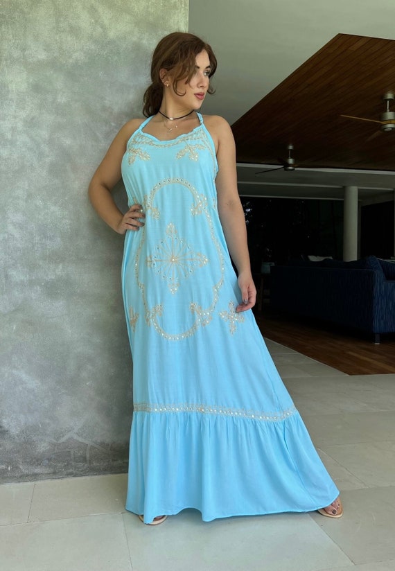 Flowy Long Blue Boho Sequin Dress Embroidered Embellished Summer Beach  Wedding - Etsy Ireland