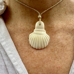 May include: A white shell pendant necklace with a simple, natural cord. The shell is carved with a detailed, fan-like design.