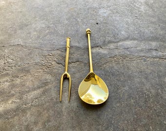 Brass Medieval two tine fork and spoon set