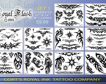 May include: Set of 10 sheets of tribal tattoo designs. Each sheet is 11 inches by 14 inches and includes lines for easy transfer. The designs are black and white and feature a variety of tribal patterns, including stars, suns, and animal shapes. The set is labeled "Royal Flash" and "Set 5".