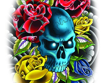 2 Temporäre XL Haut-Tattoos – Motiv Totenkopf + Rose & Totenkopfschwärmer, Ca. 17,5 X 7 Cm