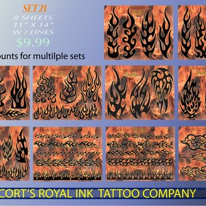May include: Set of 8 sheets of 11 x 14 inch black and white tribal flame tattoo stencils. The stencils are on a white background with a fiery orange background behind them. The text "SET 21" is at the top of the image. The text "CORT'S ROYAL INK TATTOO COMPANY" is at the bottom of the image.