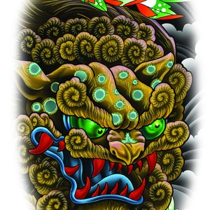 May include: A colorful illustration of a Japanese mythical creature, a Shisa, with green eyes, red and blue fangs, and a swirling, cloud-like body. The creature is surrounded by stylized flowers and leaves.