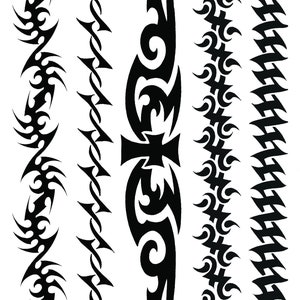 May include: Five black tribal tattoo designs. The designs are all different and include a cross, flames, and various geometric shapes.