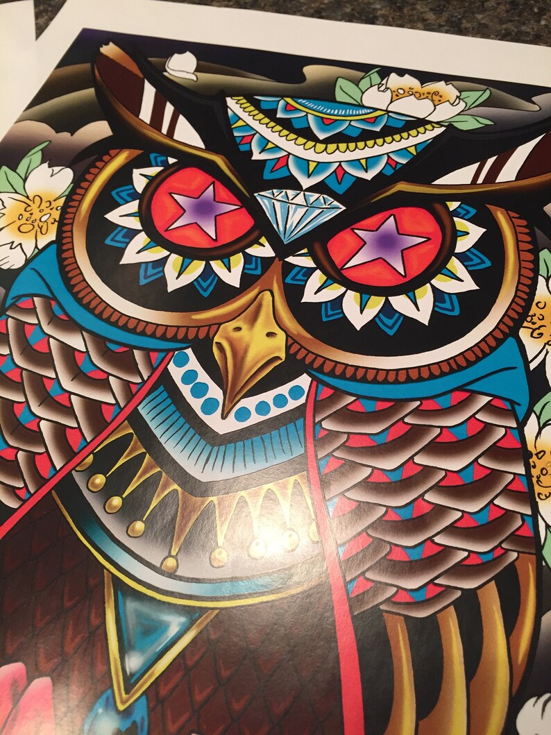 Japanese Style Owl Tattoo Flash 11" X 17" Laser Printed Tattoo Art, 6 ...
