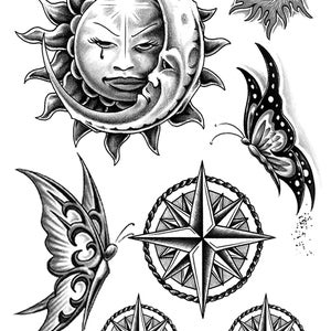 Sun Moon Stars and Butterfly temporary tattoos