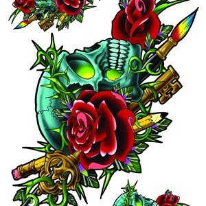 Skull rose key brush and pencil temporary tattoos