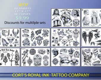 May include: Set of 10 tattoo stencil sheets, each measuring 11 inches by 17 inches. The sheets feature various religious and spiritual designs, including angels, crosses, and religious figures. The text "Only God Can Judge" is featured on one of the sheets. The sheets are black and white and have a line art style.