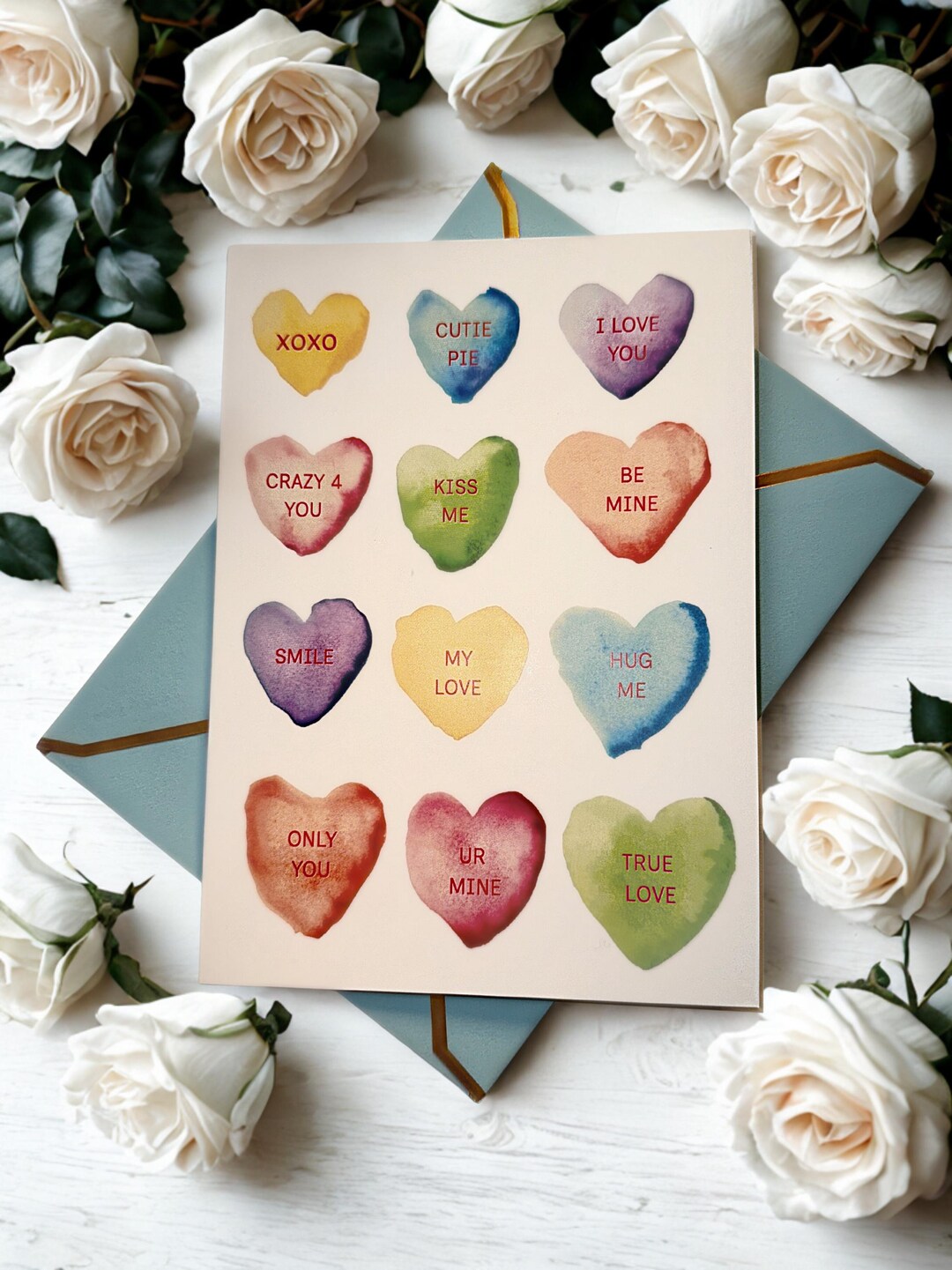 Valentines Day Love Cards: Watercolor Candy Hearts 5x7 - Etsy