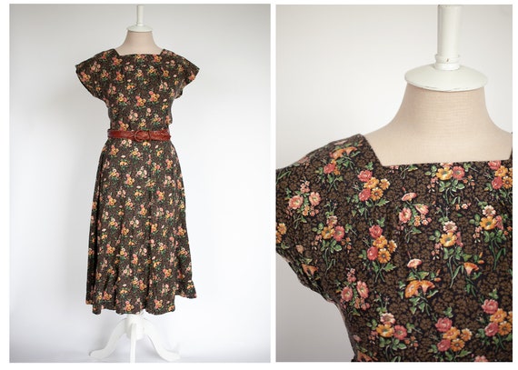 50s/60s brown floral capelette sundress - image 1