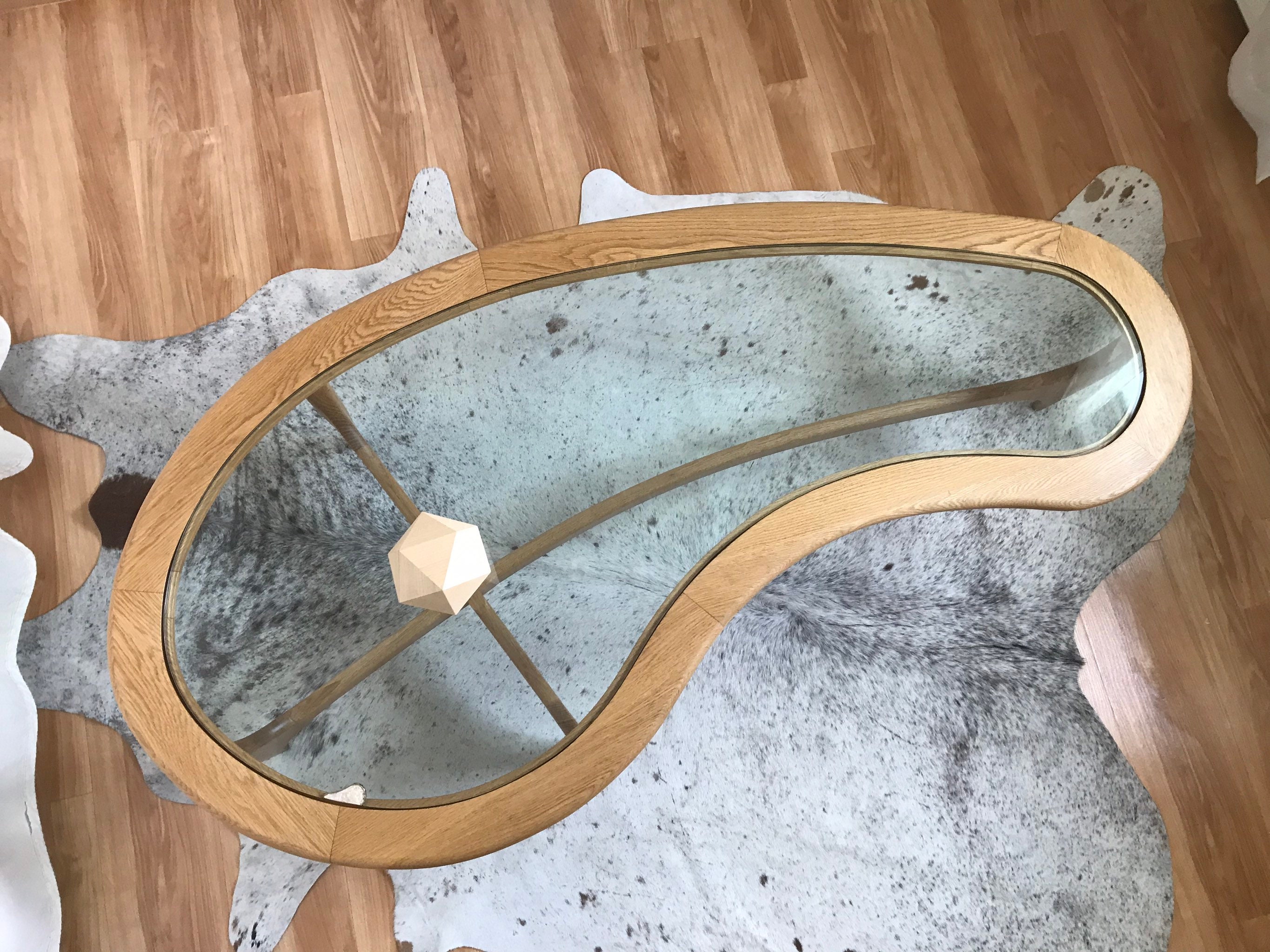 Mid Century Style White Oak and Glass Kidney Shaped Coffee Table