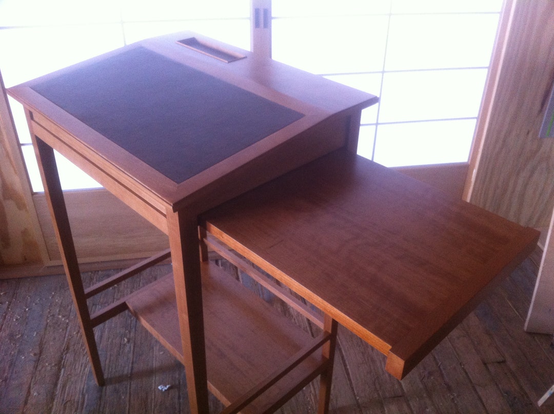 Solid Hardwood Standing Desk With Leather Top Modern Handmade Etsy